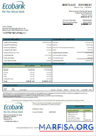 Blank Chad Ecobank bank mortgage statement scr sample